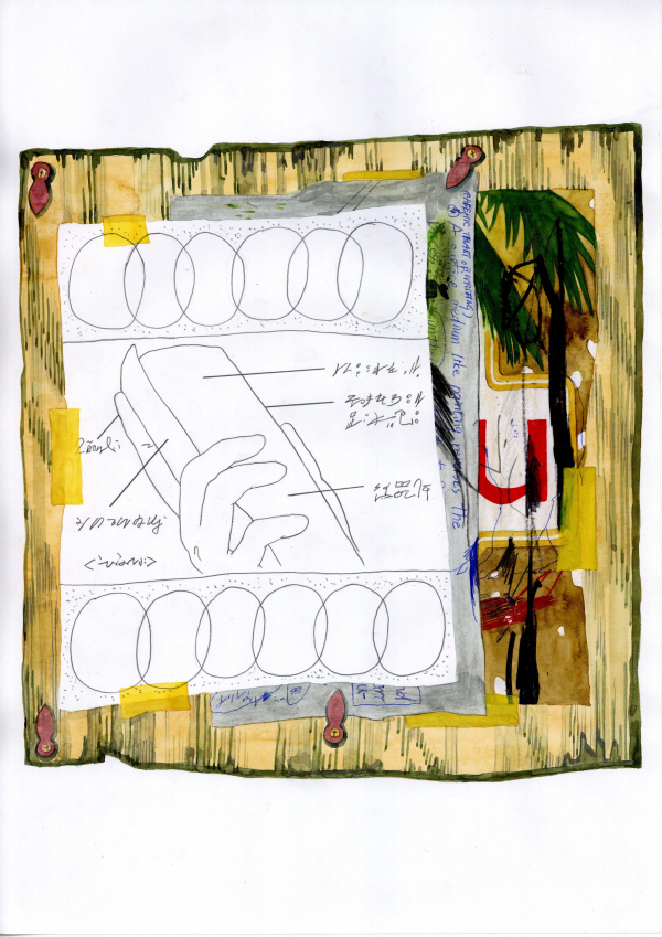 《白紙のためのお得な絵［ペナルティ］》2024／B4／紙、水性絵具、油性マーカー、ボールペン、鉛筆、クレヨン、色鉛筆、水性ニス